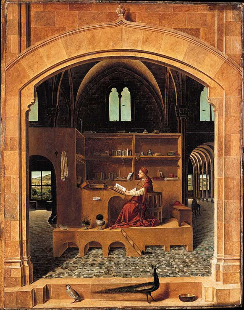 London National Gallery Next 20 02 Antonello da Messina - Saint Jerome in his Study Antonello da Messina  - St. Jerome in his Study, 1475, 46 x 36 cm. St. Jerome (347-420) was a monk and a scholar who compiled the standard Latin translation of the Bible. We see him as a dignified scholar dressed in a cardinals red robes, sitting in a snug wooden study erected in a Gothic building. A tame lion is shown in the shadows to the right, representing the legend of Jerome extracting a thorn from a lions foot. The painting shows the effects of light as it streams in from the viewers space through the opening in the foreground, and through the windows behind him, casting sharp or graduated shadows, reflecting from different surfaces, and illuminating the landscape beyond the lower windows and the distant sky above. Birds wheel in the sky and settle on the window ledges, figures row a boat on the river, and there is a walled city with gentle mountains rising beyond.